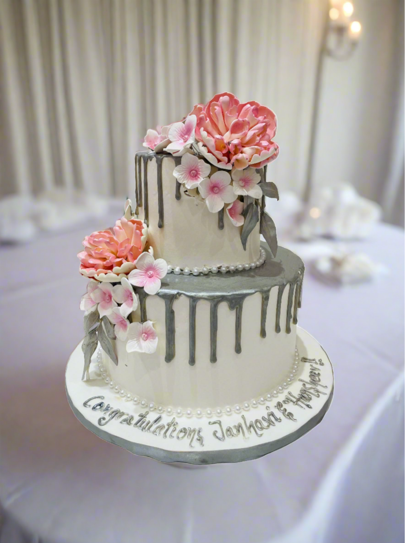 Silver & Pink Floral Wedding Cake