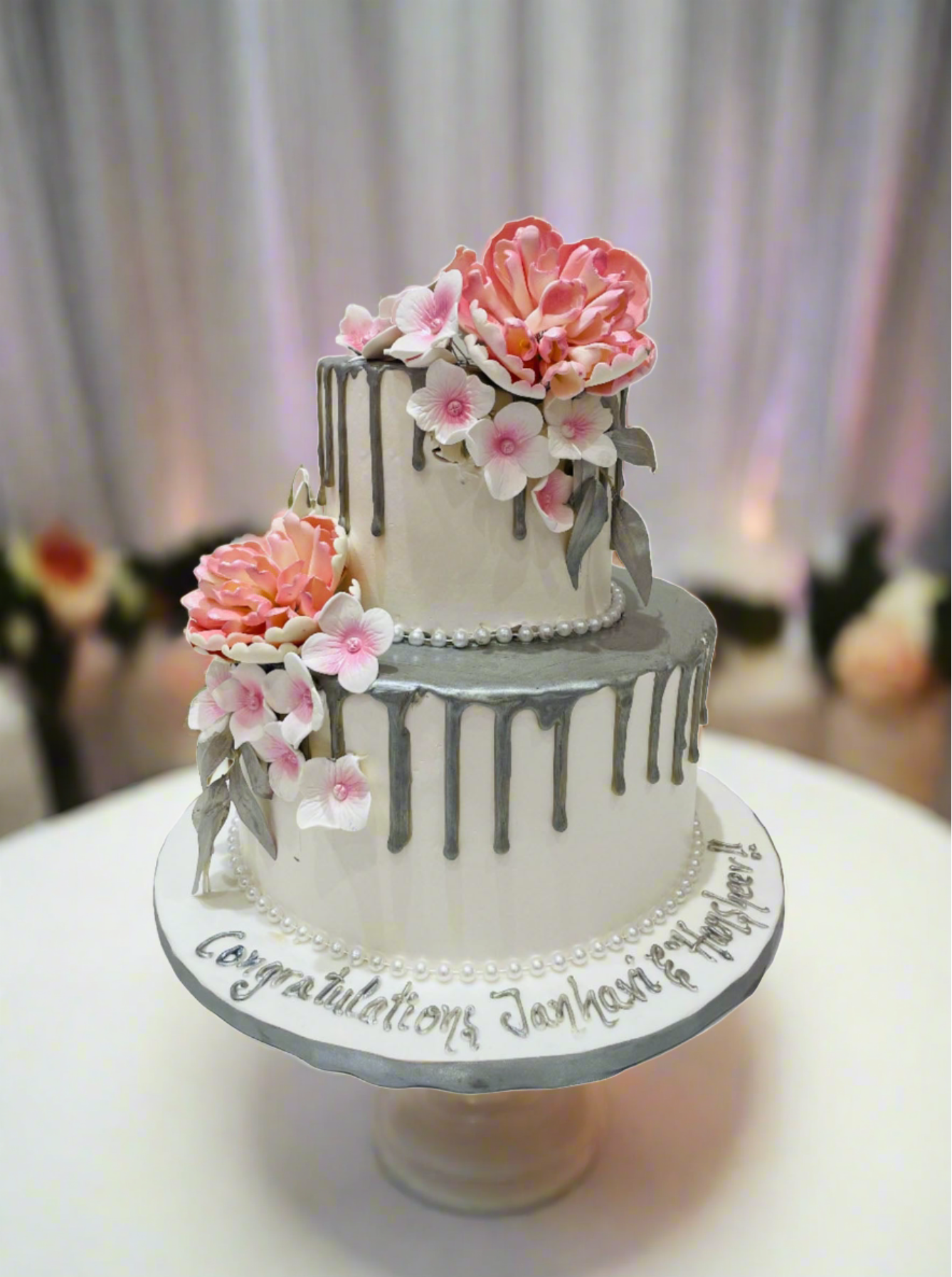 Silver & Pink Floral Wedding Cake