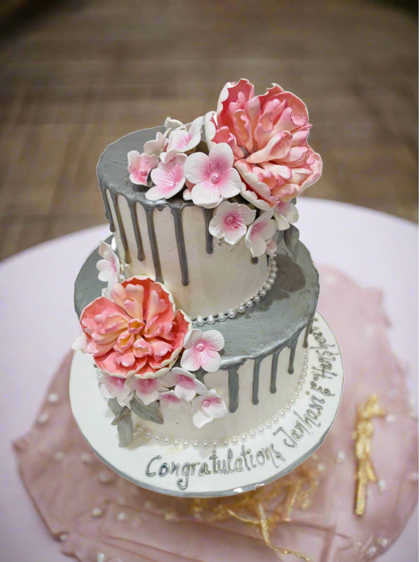 Silver & Pink Floral Wedding Cake