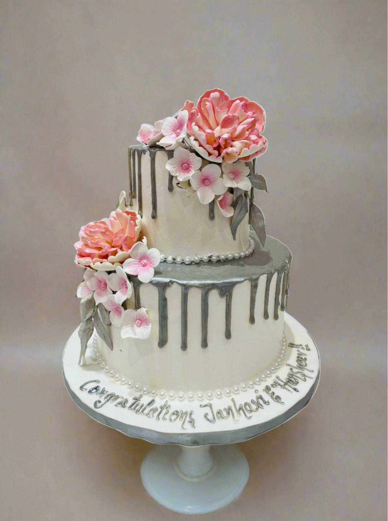 Silver & Pink Floral Wedding Cake