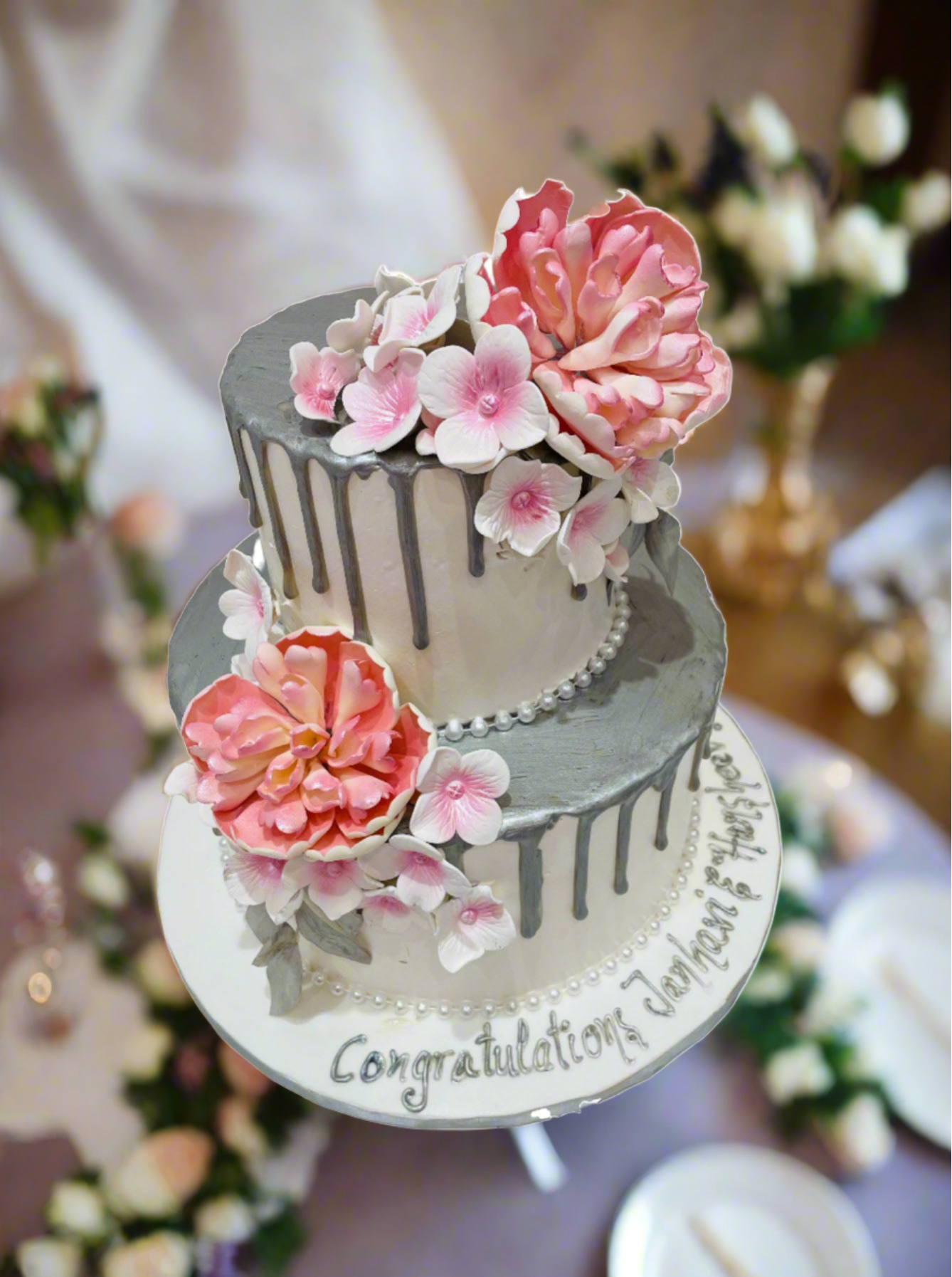 Silver & Pink Floral Wedding Cake
