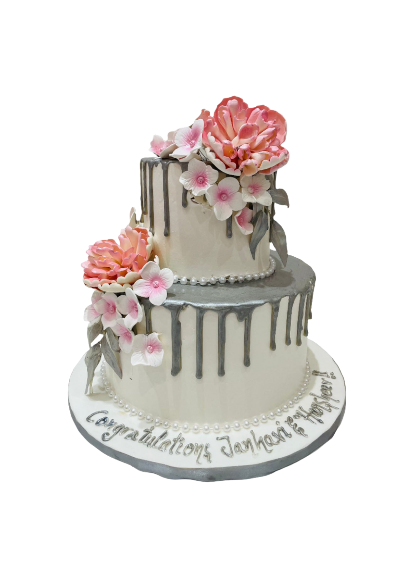 Silver & Pink Floral Wedding Cake