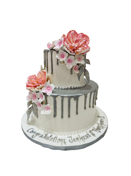 Silver & Pink Floral Wedding Cake