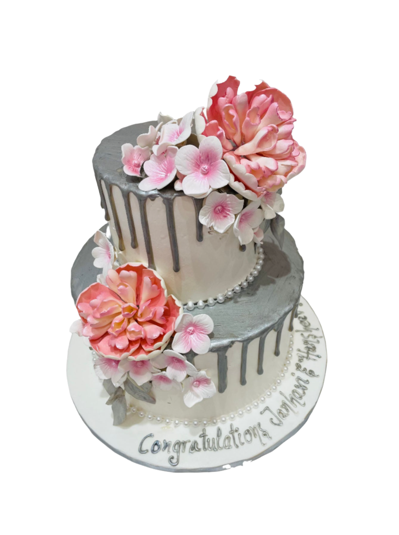 Silver & Pink Floral Wedding Cake