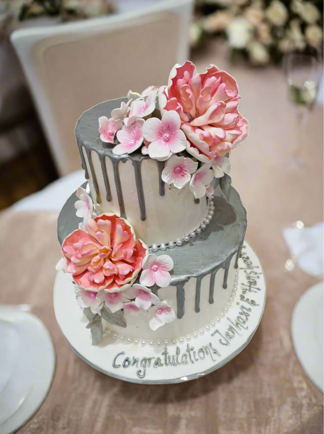 Silver & Pink Floral Wedding Cake