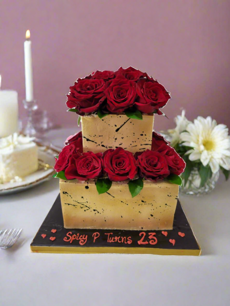Golden Red Rose Cream Wedding Cake