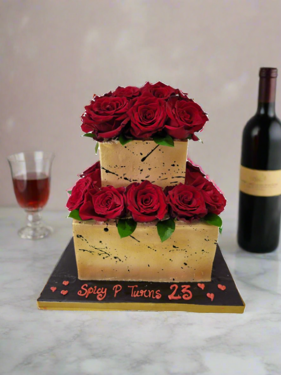 Golden Red Rose Cream Wedding Cake