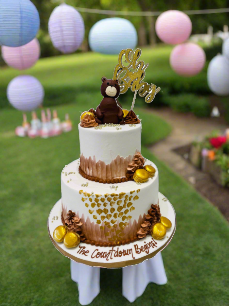 Teddy Bear & Macarons Cream Tiered Cake