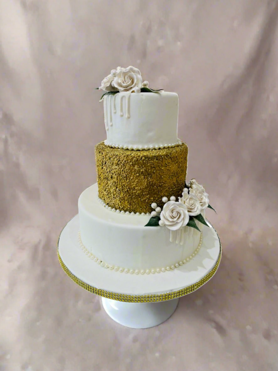 White & Gold Sequin Fondant Wedding Cake