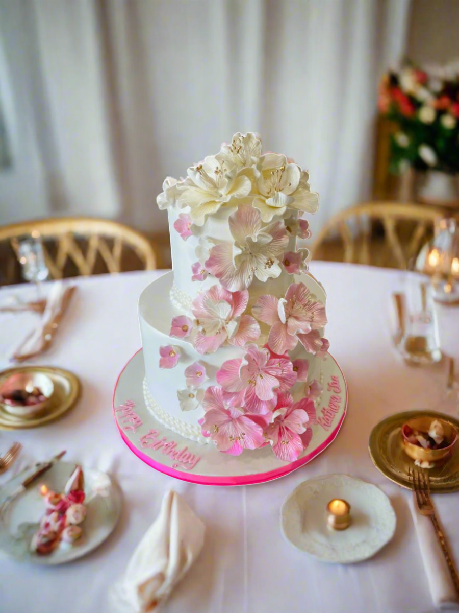 Pink Cascading Flowers Wedding Cake