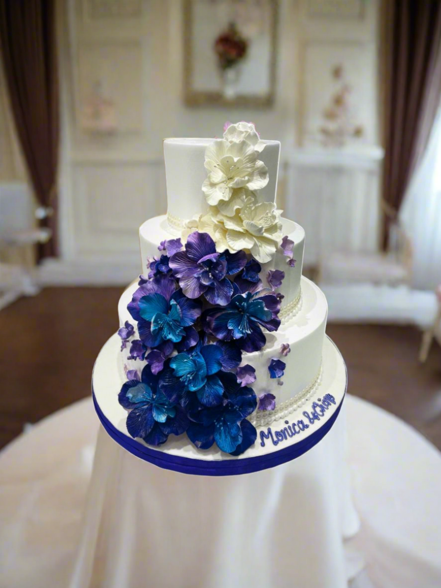 Purple & Blue Cascading Flowers Wedding Cake