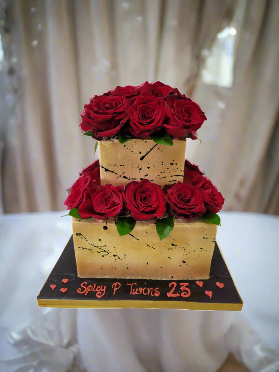 Golden Red Rose Cream Wedding Cake