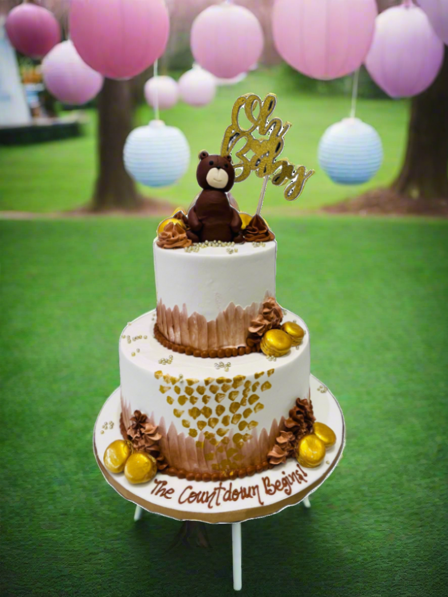 Teddy Bear & Macarons Cream Tiered Cake