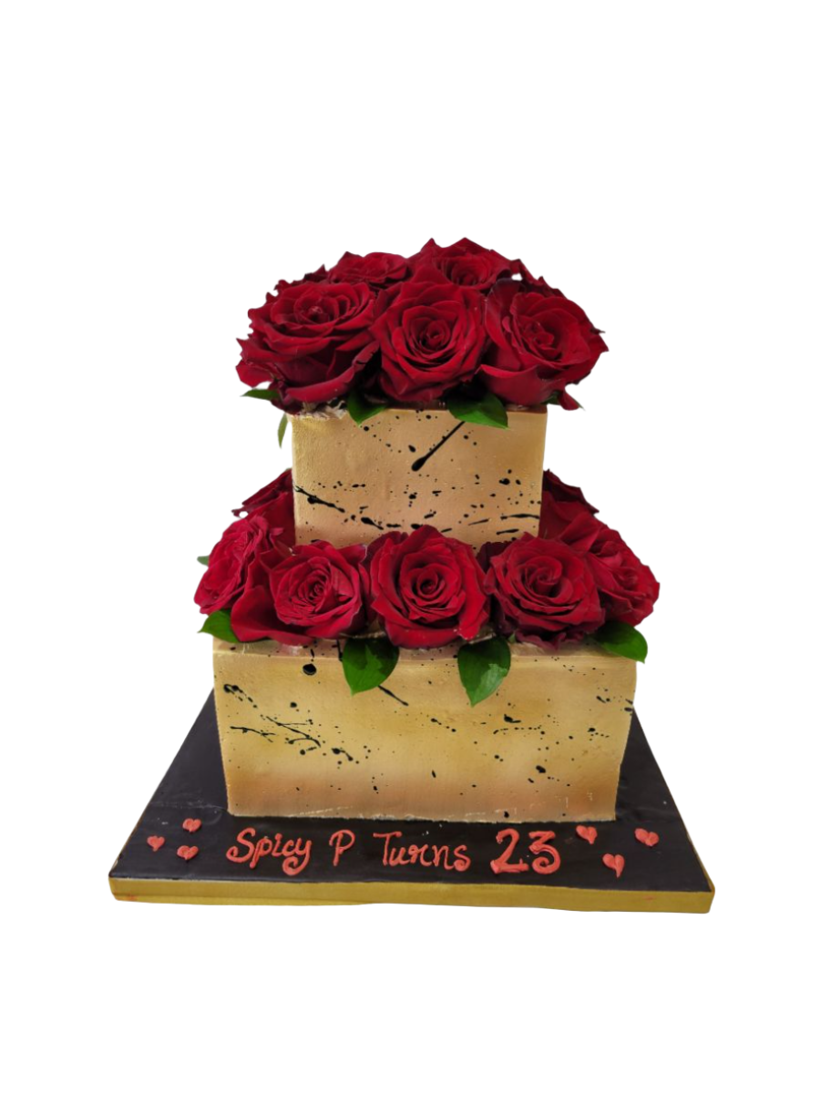Golden Red Rose Cream Wedding Cake