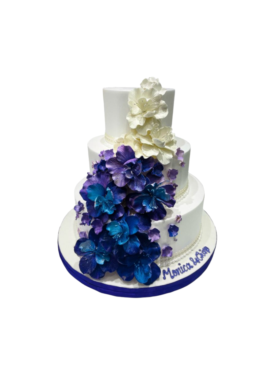 Purple & Blue Cascading Flowers Wedding Cake