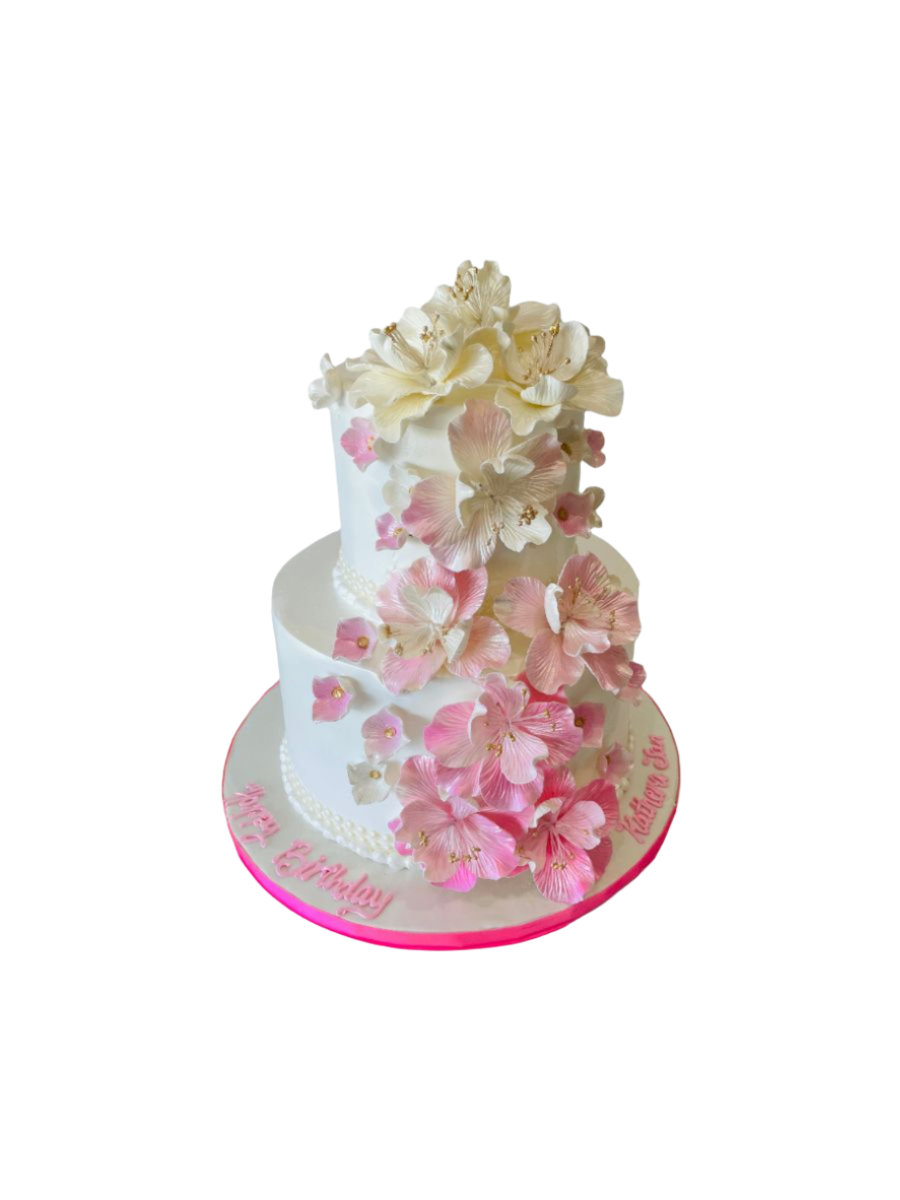 Pink Cascading Flowers Wedding Cake