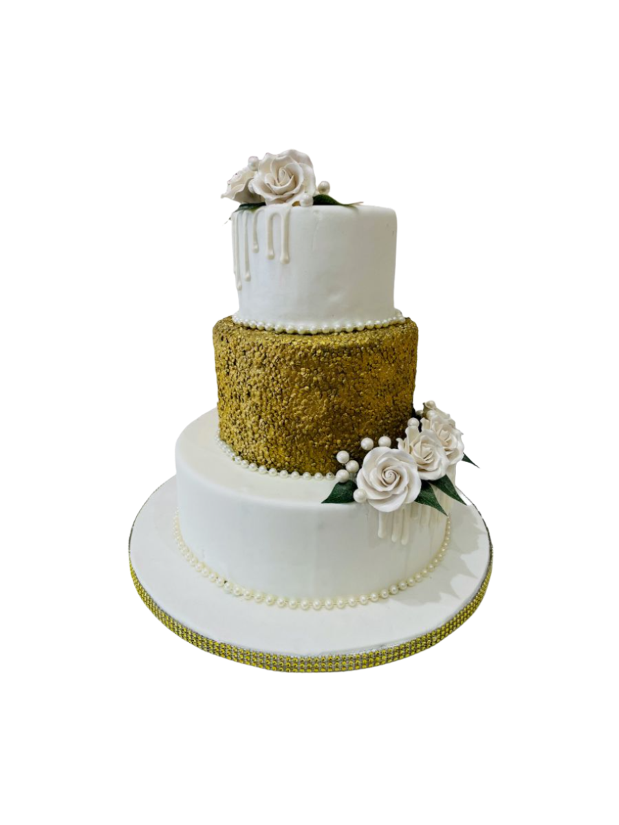 White & Gold Sequin Fondant Wedding Cake