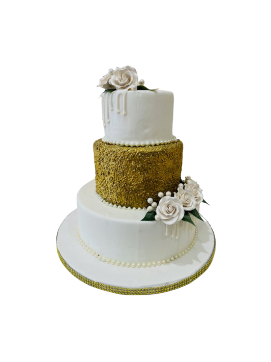 White & Gold Sequin Fondant Wedding Cake
