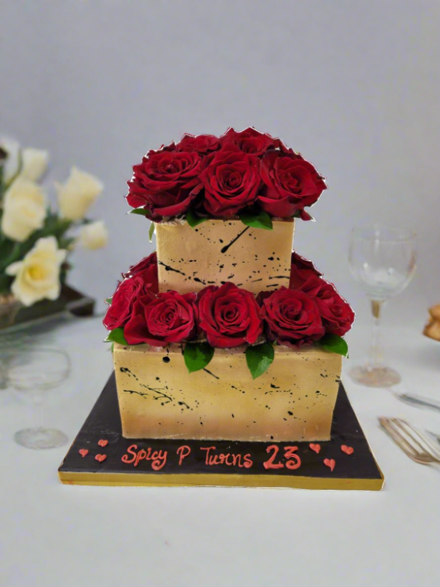 Golden Red Rose Cream Wedding Cake