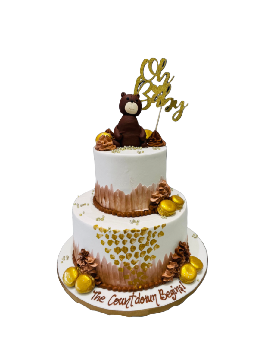Teddy Bear & Macarons Cream Tiered Cake