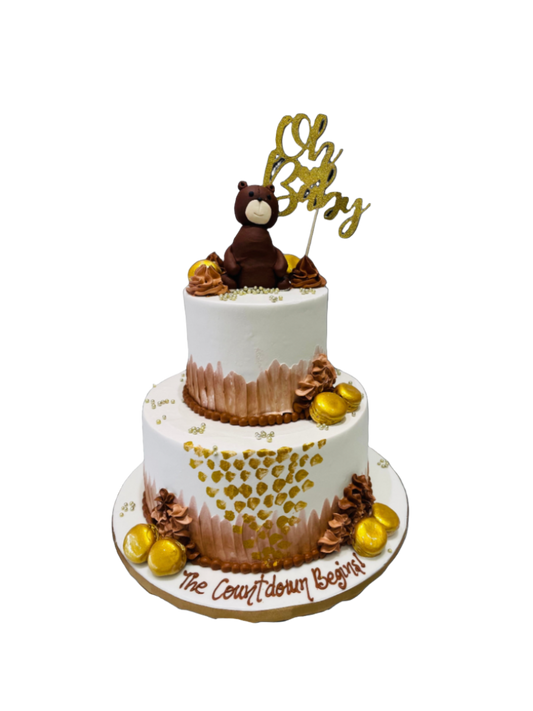 Teddy Bear & Macarons Cream Tiered Cake