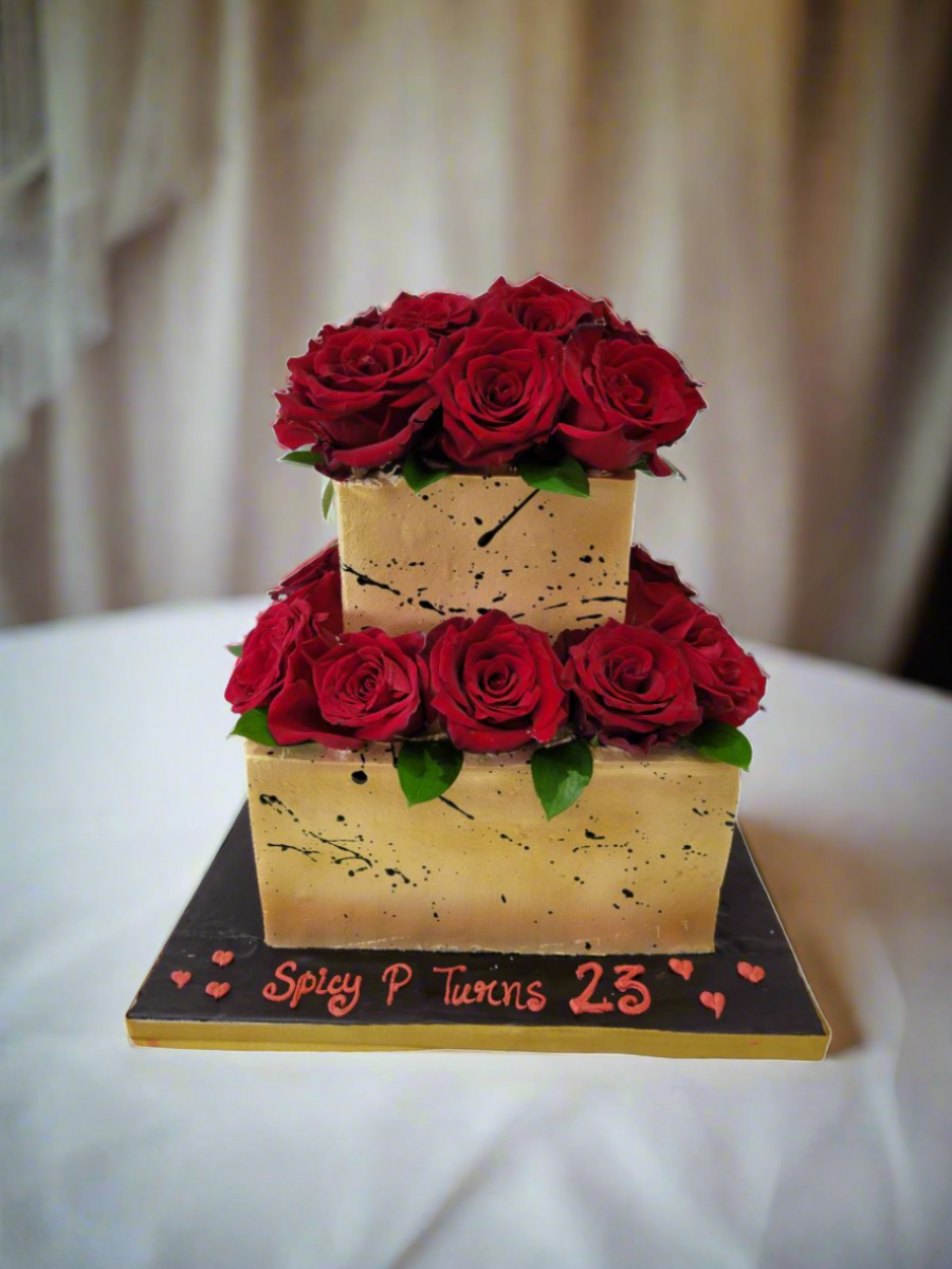Golden Red Rose Cream Wedding Cake