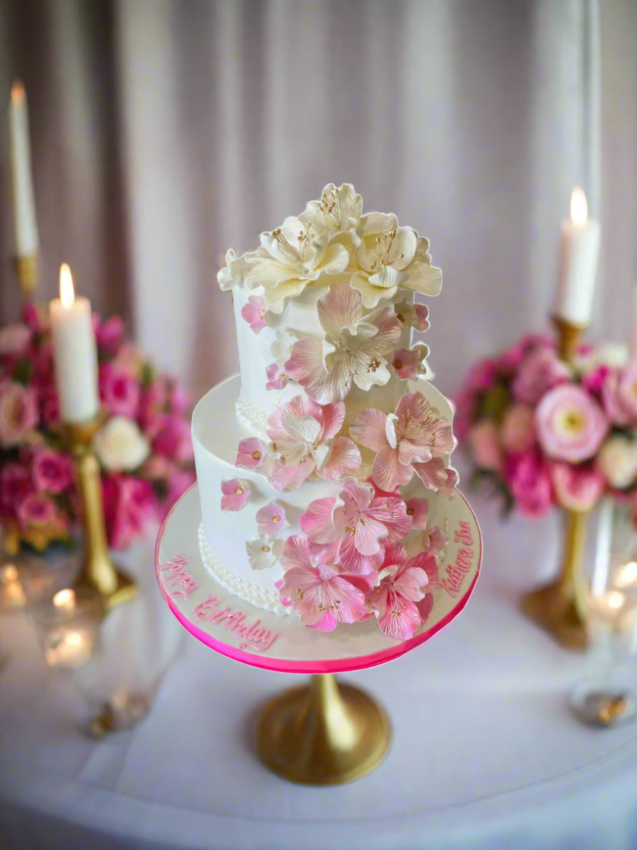 Pink Cascading Flowers Wedding Cake