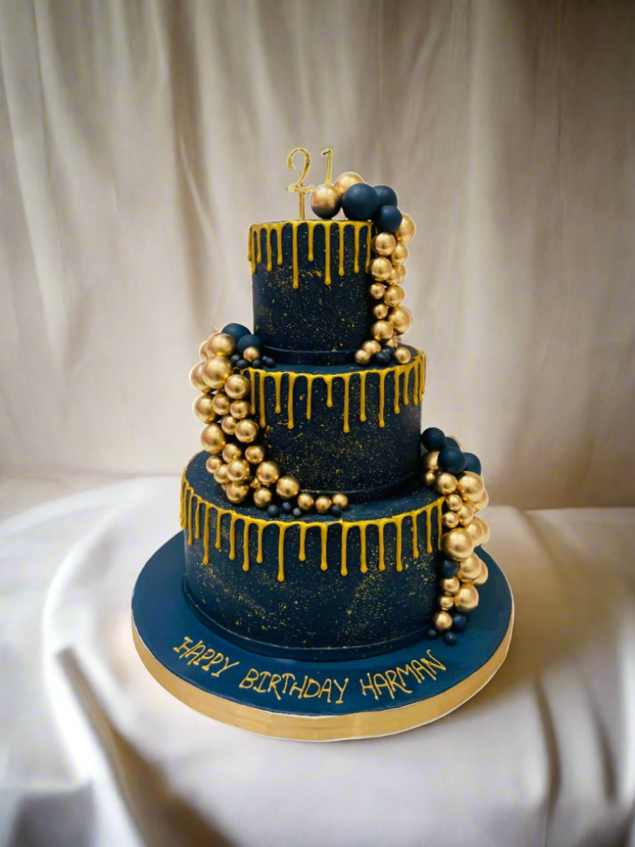 Navy Blue & Gold Fondant Wedding Cake
