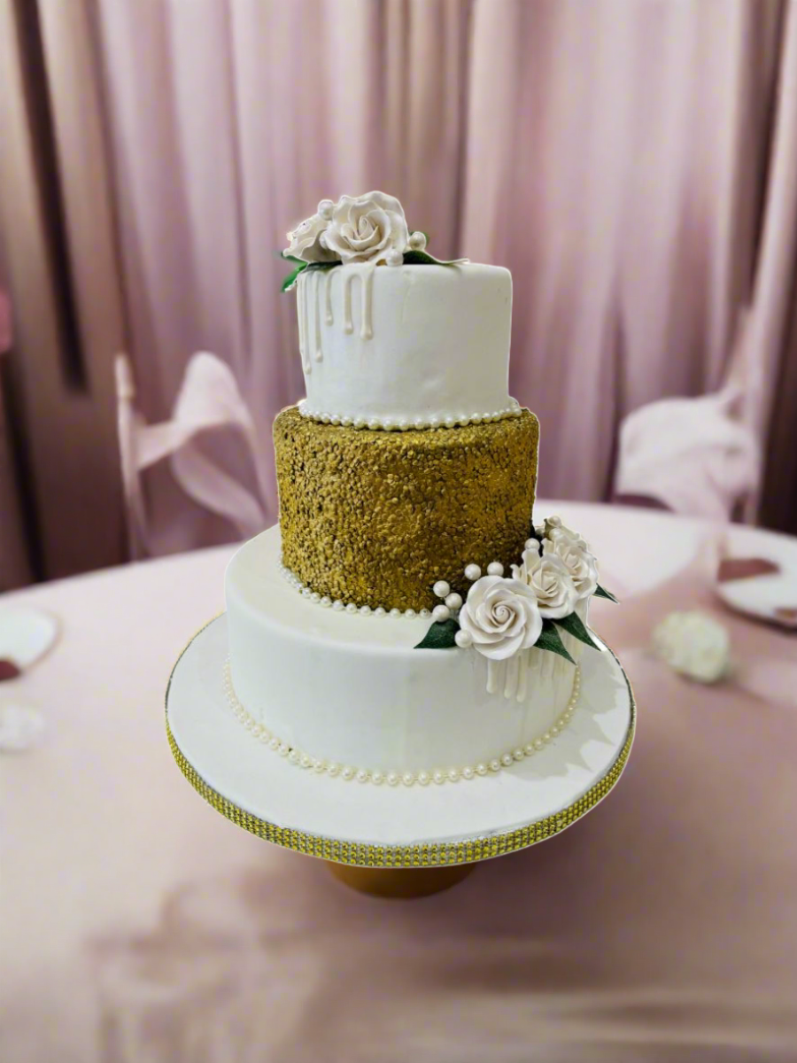 White & Gold Sequin Fondant Wedding Cake