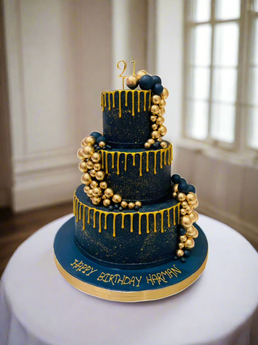 Navy Blue & Gold Fondant Wedding Cake