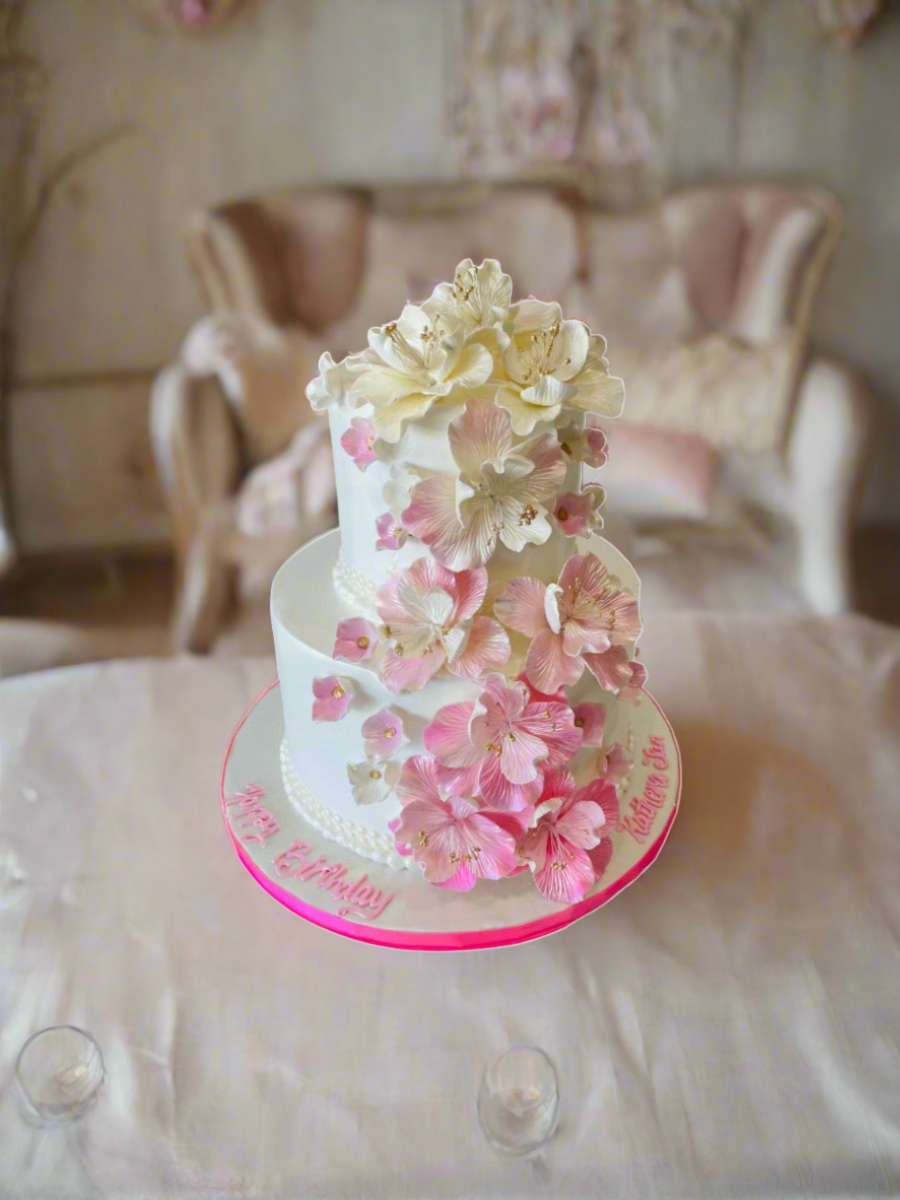 Pink Cascading Flowers Wedding Cake