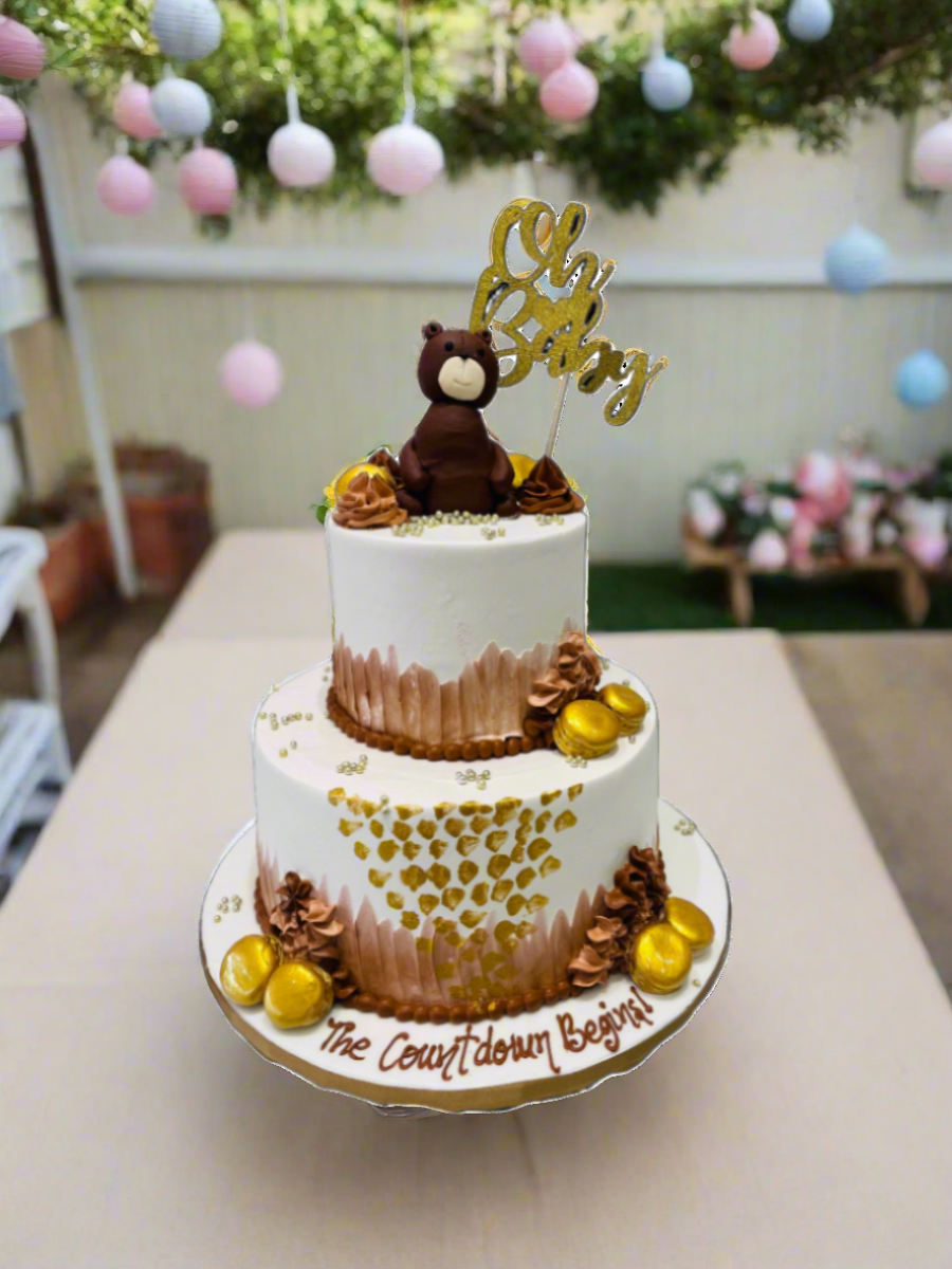 Teddy Bear & Macarons Cream Tiered Cake