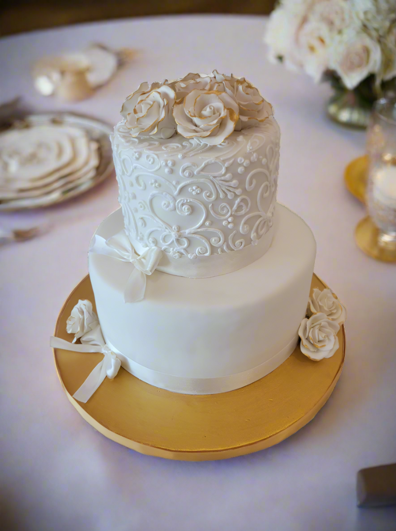 White And Gold Fondant Tiered Cake