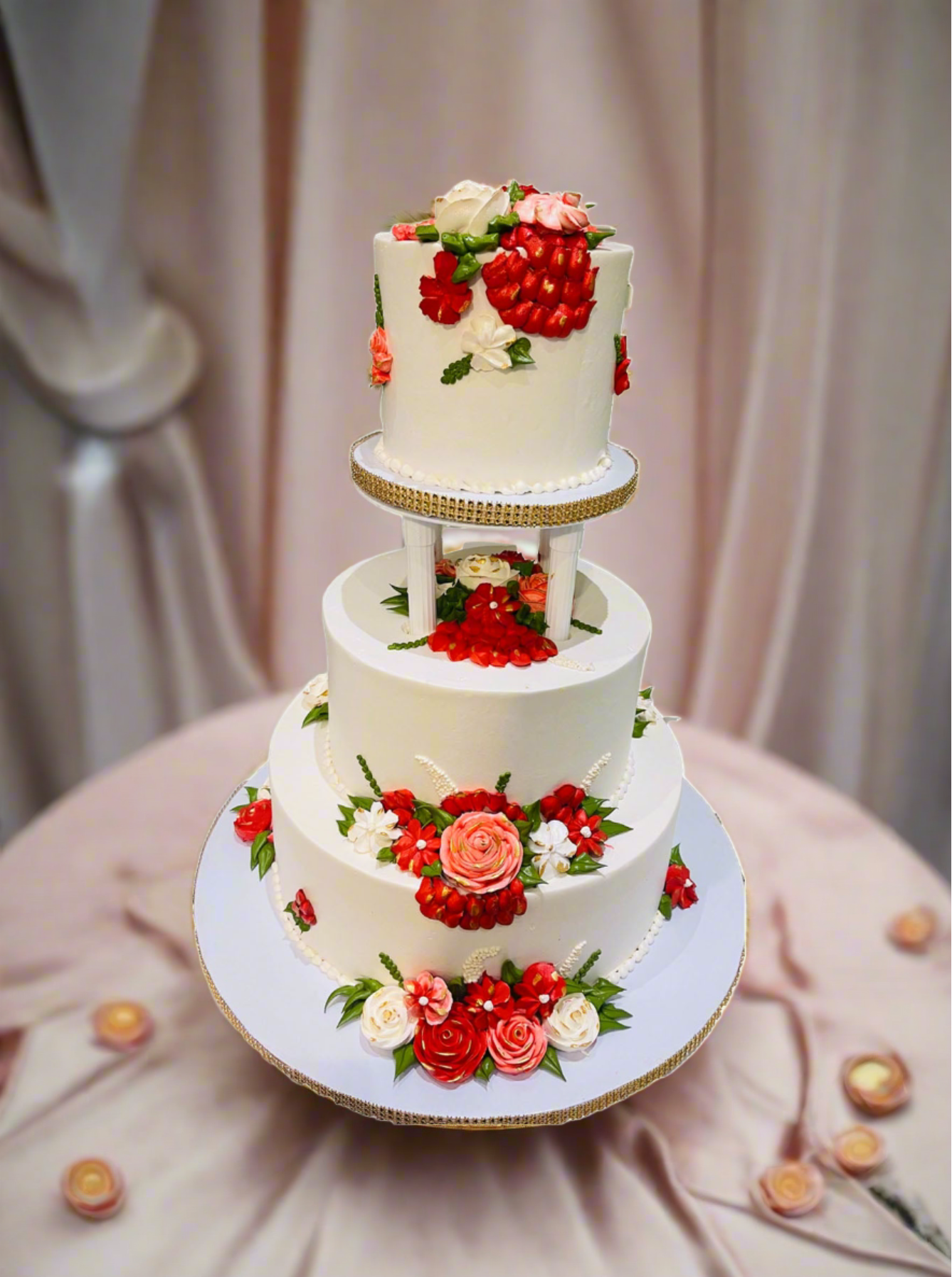 Ivory  & Red Floral Wedding Cake