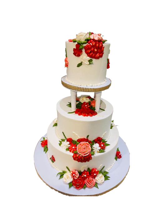 Ivory  & Red Floral Wedding Cake