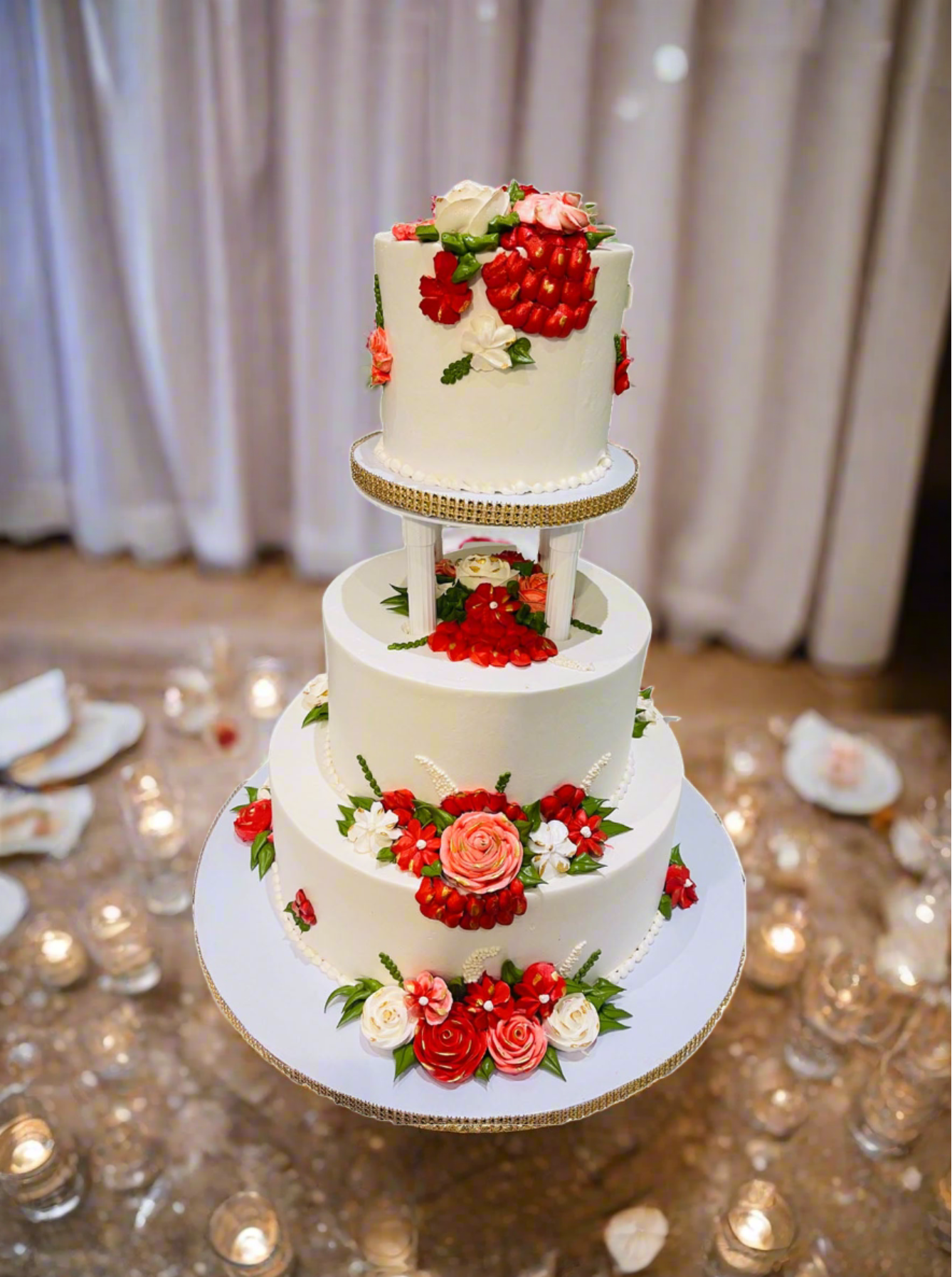 Ivory  & Red Floral Wedding Cake