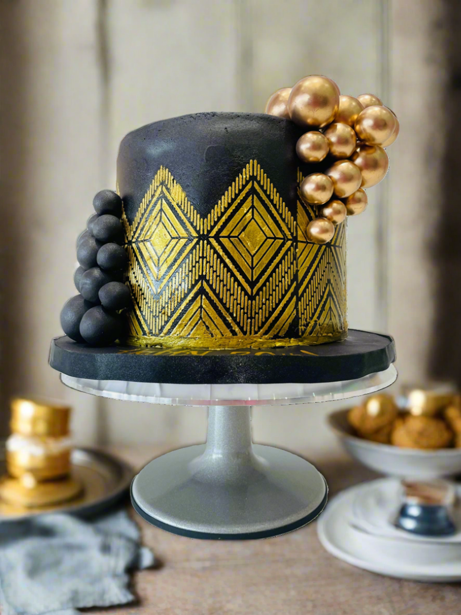 Black & Gold Demask Fondant Cake