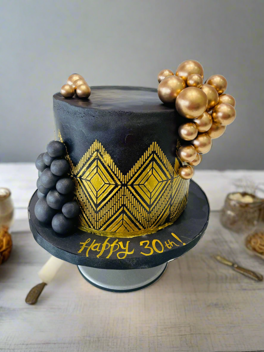 Black & Gold Demask Fondant Cake