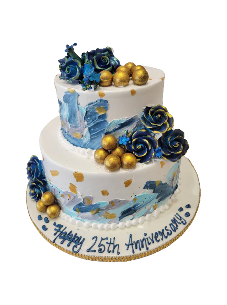 Blue & Gold Cream Tiered Cake