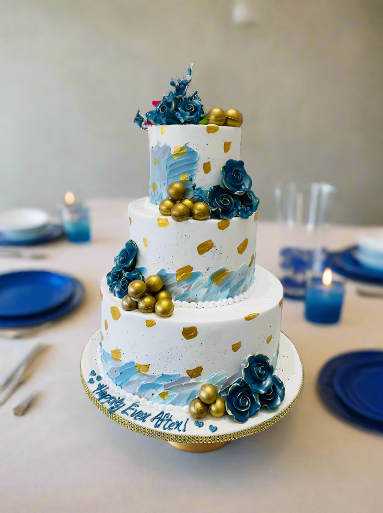 Hiba Blue & Gold Tiered Cream Cake