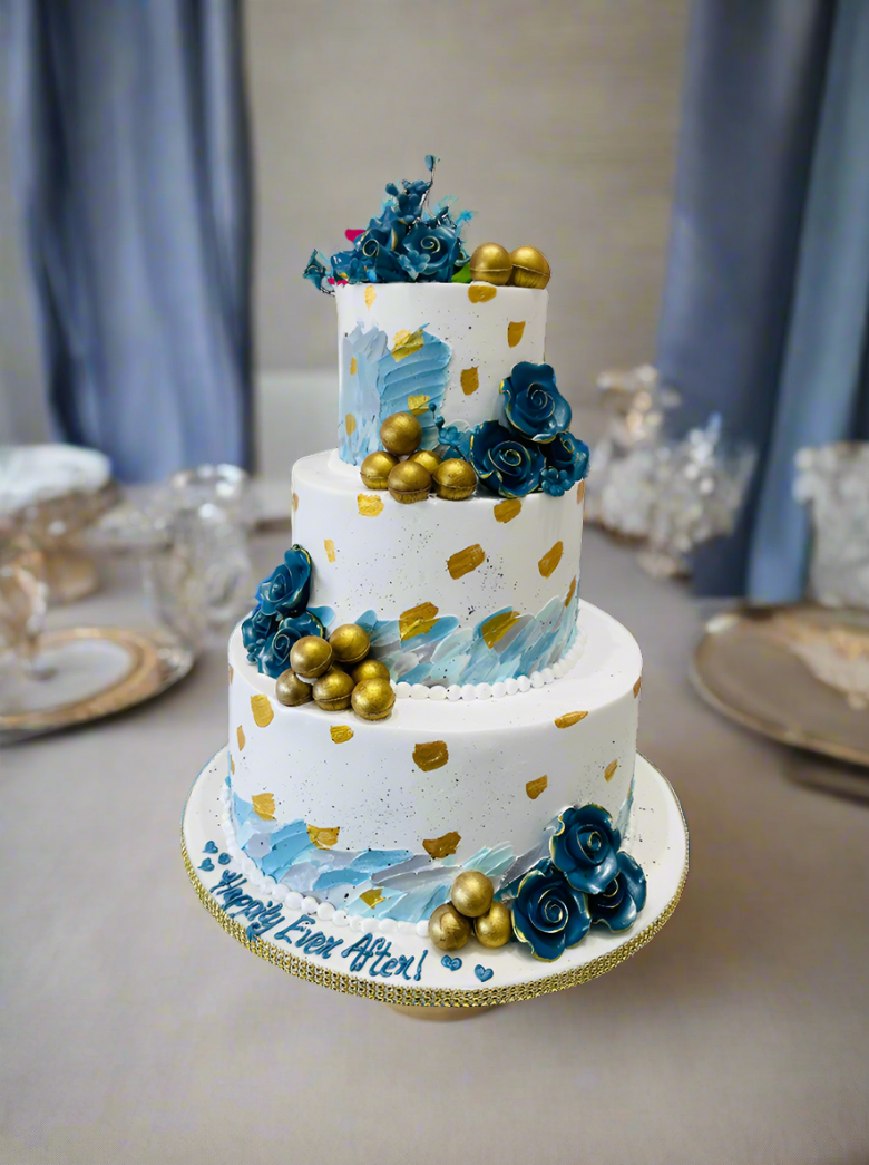 Hiba Blue & Gold Tiered Cream Cake