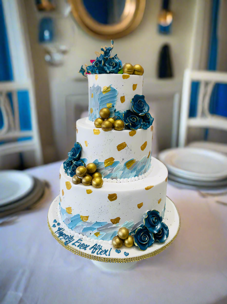 Hiba Blue & Gold Tiered Cream Cake