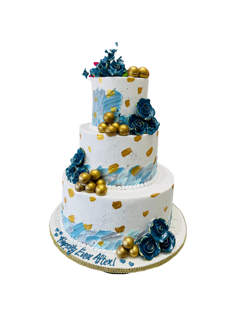 Hiba Blue & Gold Tiered Cream Cake