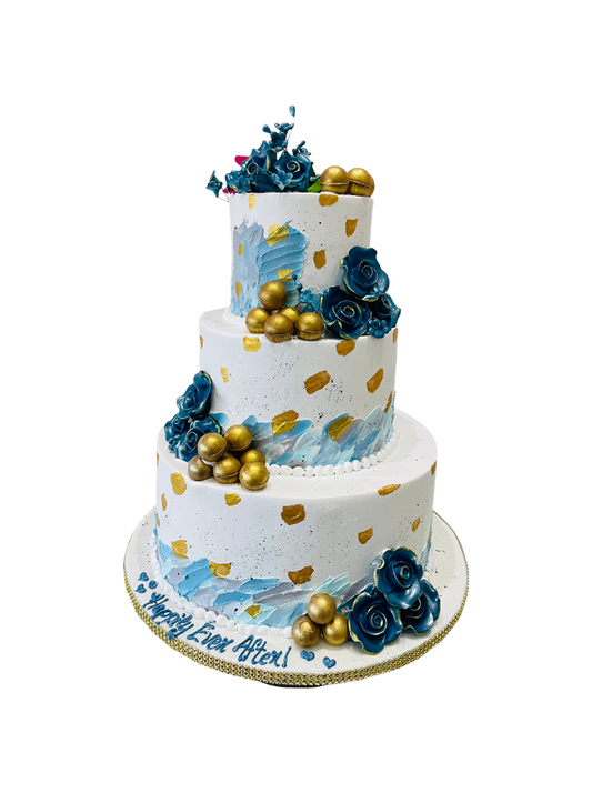 Hiba Blue & Gold Tiered Cream Cake