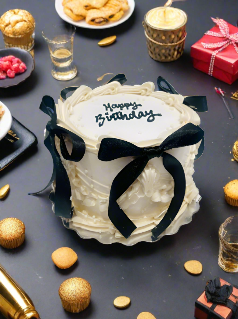 Ivory & Black Bow Birthday Cake