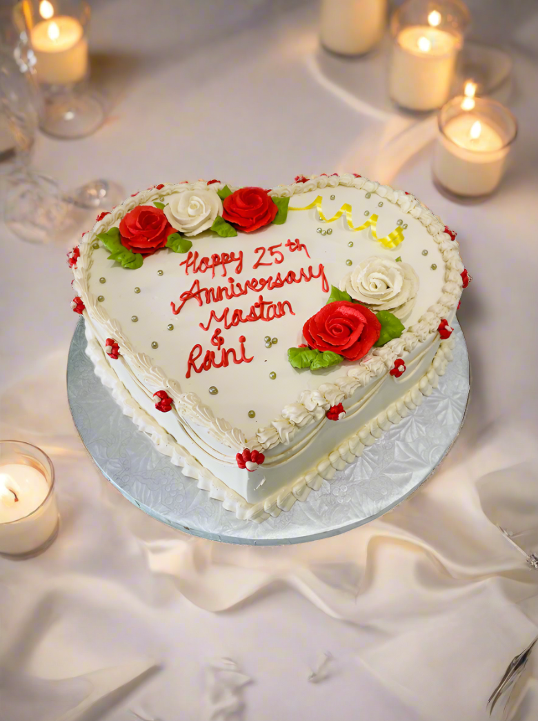 Ivory & Red Flower Anniversary Heart Cake