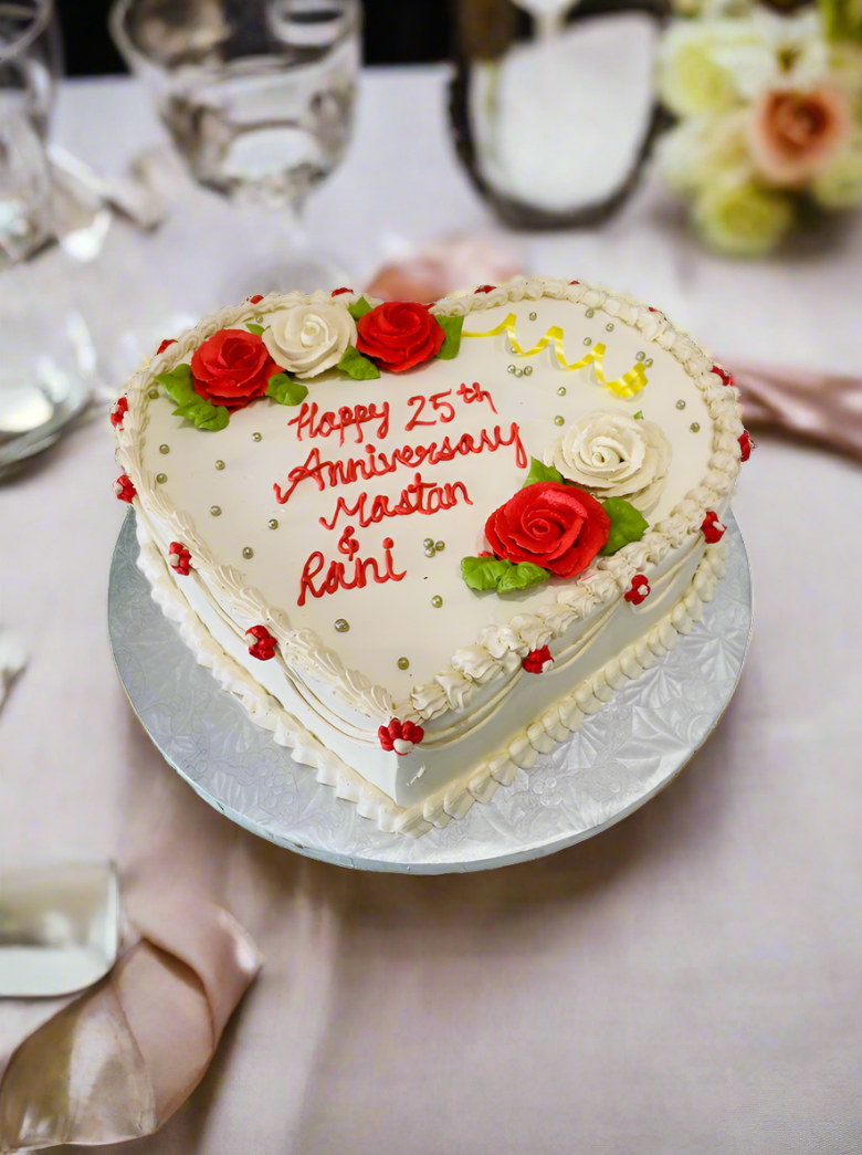 Ivory & Red Flower Anniversary Heart Cake