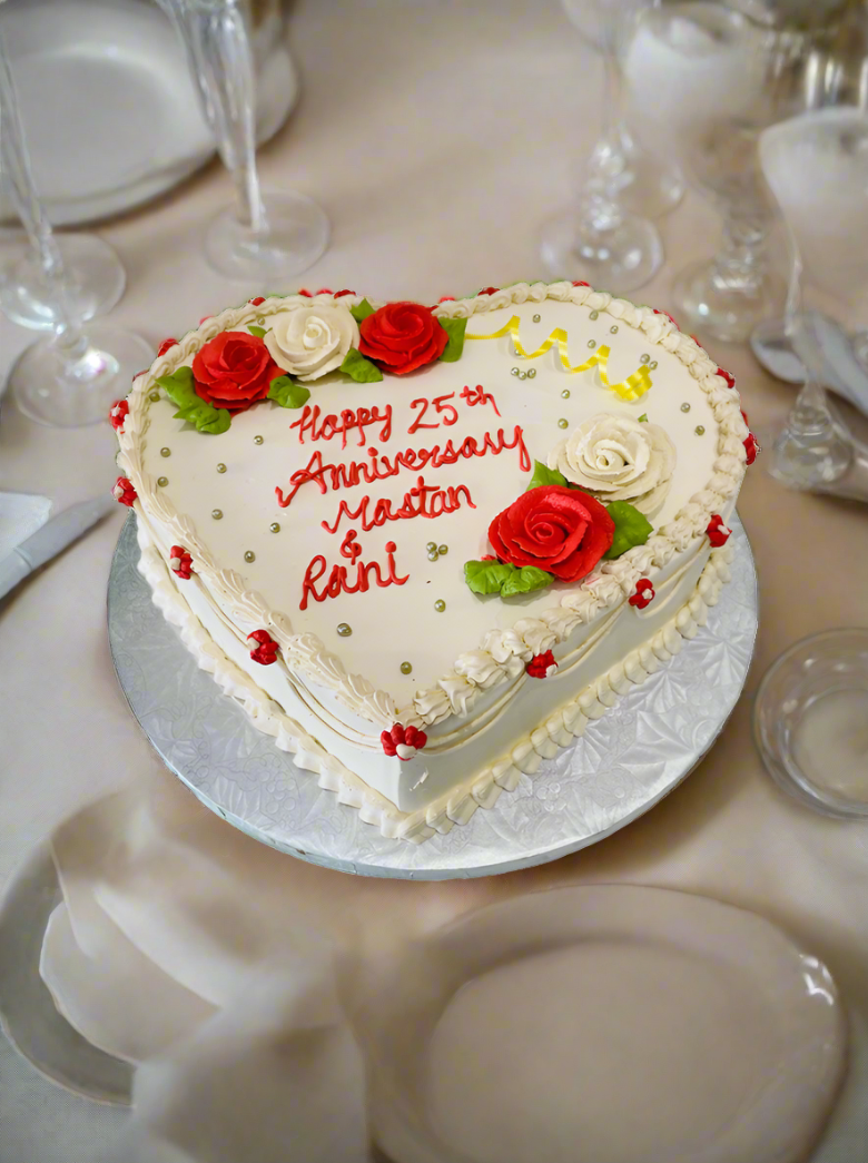 Ivory & Red Flower Anniversary Heart Cake