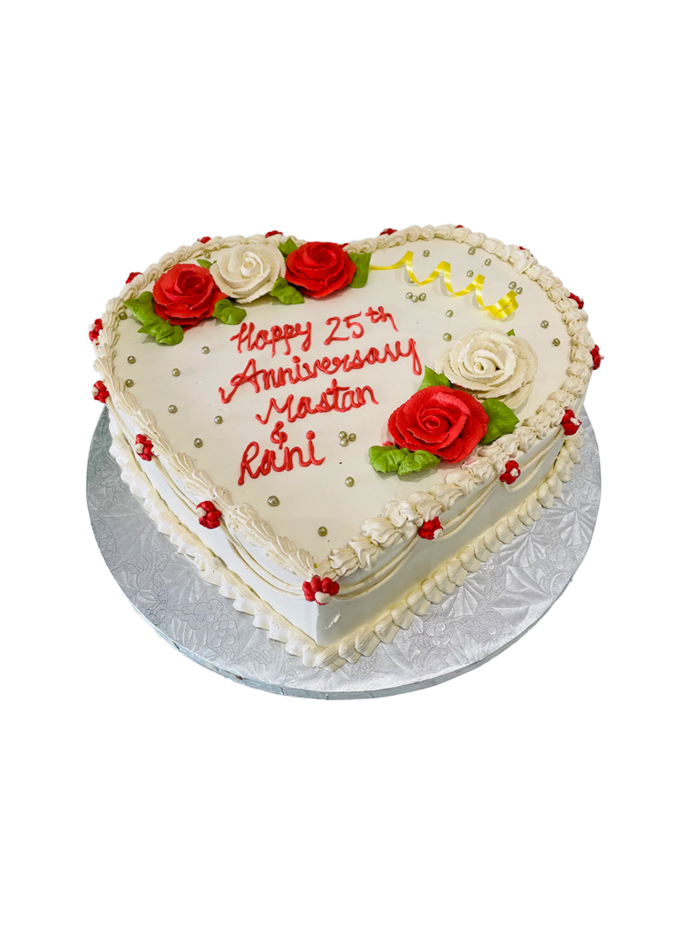 Ivory & Red Flower Anniversary Heart Cake