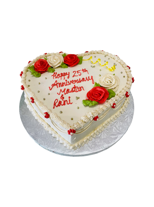 Ivory & Red Flower Anniversary Heart Cake